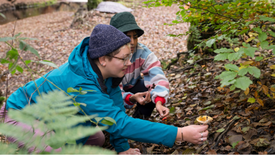 Two women inspecting fungi outdoors 